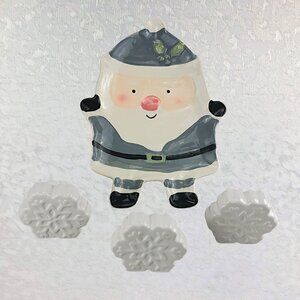 Sleigh Bell Bistro Ceramic Santa Dish & 3 Ceramic Mini Snowflakes Set NWT